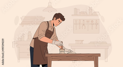 Woodworker applying finish to tabletop in workshop