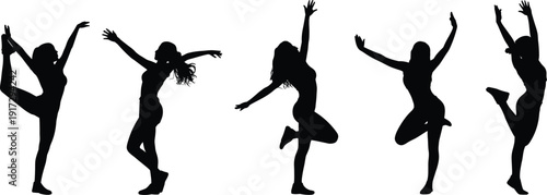 Five black silhouettes of dancers in various dynamic poses on a white background