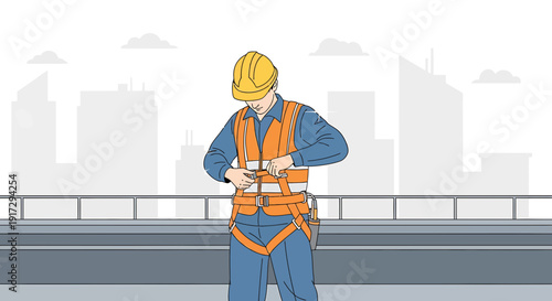 Worker Wearing Safety Harness and Hard Hat on Rooftop, Cityscape Background