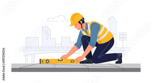 Worker using level tool on pavement with city skyline background
