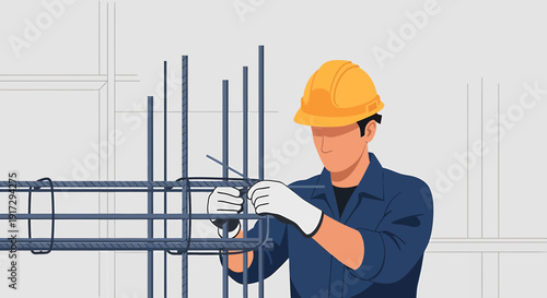 Worker tying rebar with wire for concrete reinforcement