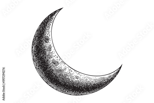 Crescent moon illustration on transparent background, celestial body vector art, night sky and astronomy symbol