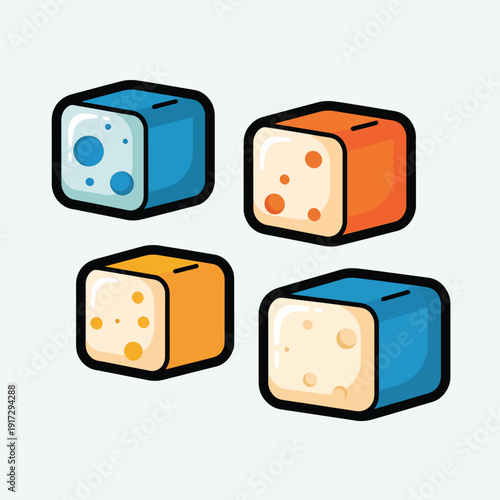 Four cheese cubes with varied colored sides and holes, presented in a square arrangement from a top-down viewpoint.