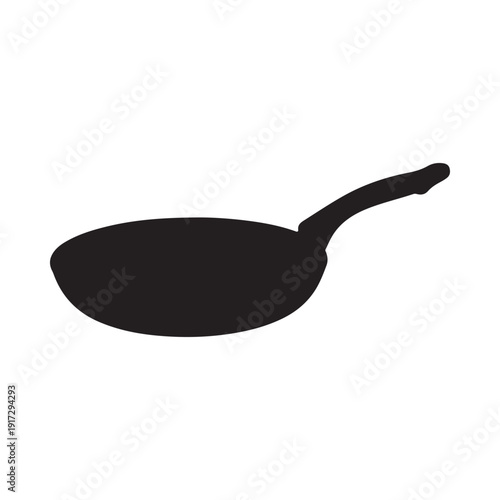 Simple black silhouette of a frying pan on a stark white background kitchenware illustration