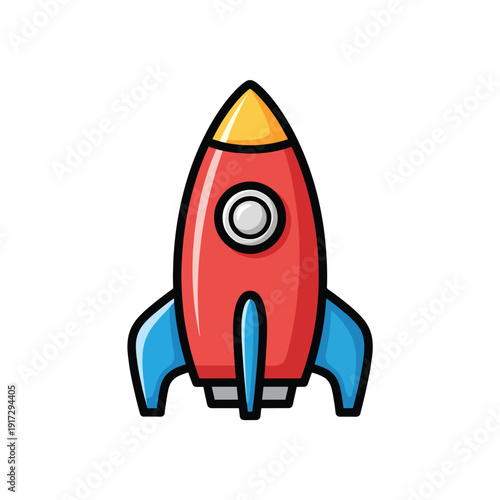 Illustration of a red rocket ship with blue fins and yellow nose cone in a simple graphic style