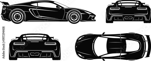 Sports car silhouette illustration set, four black icons side rear top perspective aerodynamic spoiler wheel design, vector artwork, automotive and lifestyle theme, isolated background