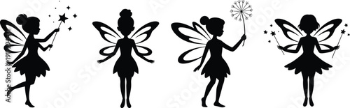 Four Silhouette Fairy Figures with Different Styles in Black and White