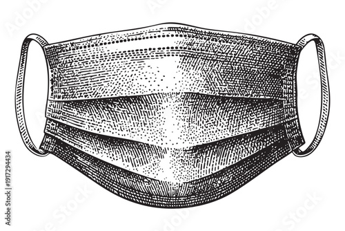 Black and white vector sketch of medical face mask, protective equipment, healthcare symbol, vintage engraving