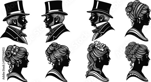 Victorian silhouette portrait illustration set, eight black icons man top hat mustache suit woman hairstyle feather bow fashion design, vector artwork, cultural