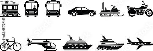 Collection of Eleven Black Transportation Silhouettes Including Bus Car Airplane Ship Motorcycle and Helicopter Icons Isolated on White Background for Travel and Logistics Graphic Design
