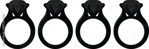 Row of Four Black Silhouette Engagement Ring Icons with Large Diamond Gemstone Settings Isolated on White Background for Jewelry Luxury Fashion Design Branding and Marketing