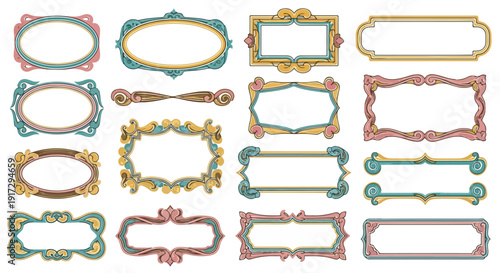 Mega set of vintage ornate frames and decorative dividers in classic art nouveau style isolated on white