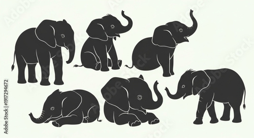 Set of six elephant silhouettes in various poses.