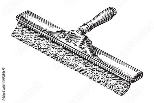 Window cleaning squeegee tool with handle, professional equipment for washing glass surfaces, detailed sketch vector illustration
