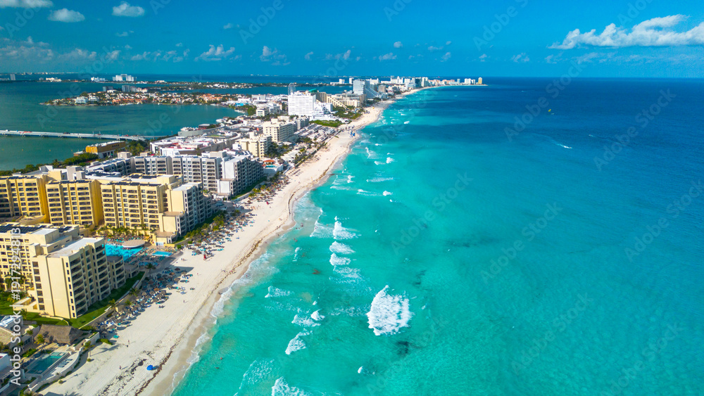 Fototapeta premium Aerial Drone View of Luxury Tropical Resort Peninsula with Turquoise Caribbean Water 