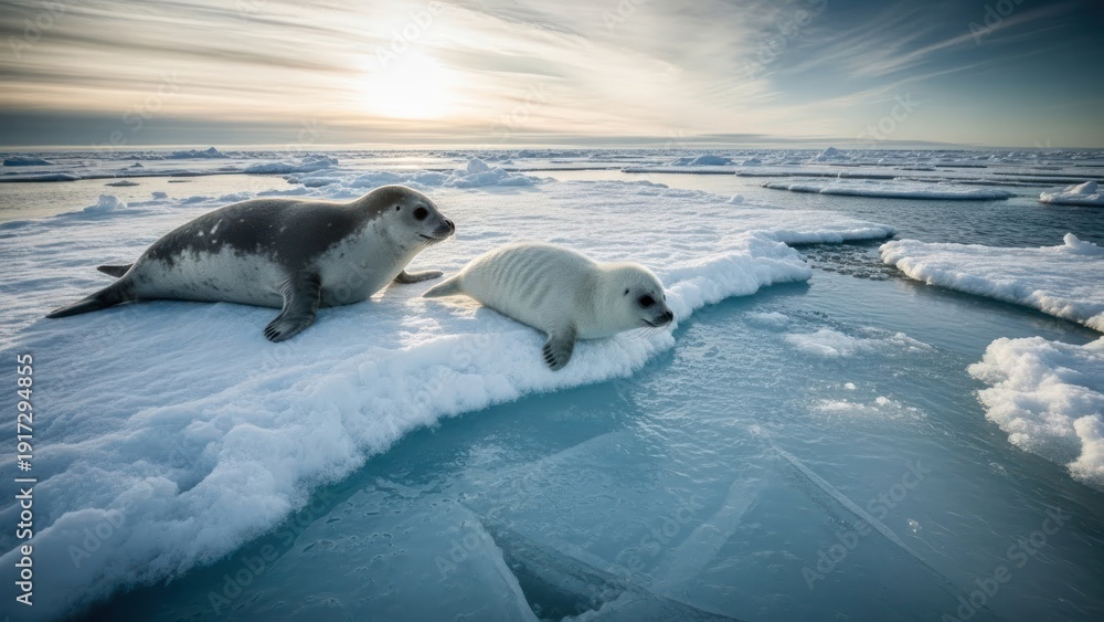Fototapeta premium Seals on Iceberg in Polar Ocean.