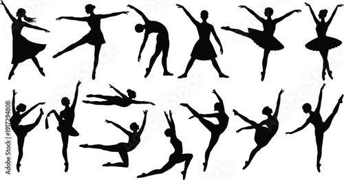 Silhouettes of Ballerinas Performing Various Dance Moves in Black and White ballet poses