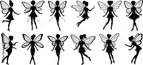 Silhouettes of black fairies with wings in various poses against a white background fairy