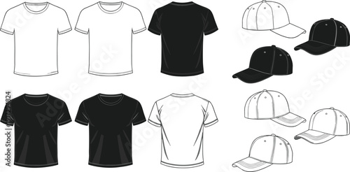 Professional vector mockup set featuring blank t-shirts (front and back views) and baseball caps in various angles for corporate apparel branding and fashion design