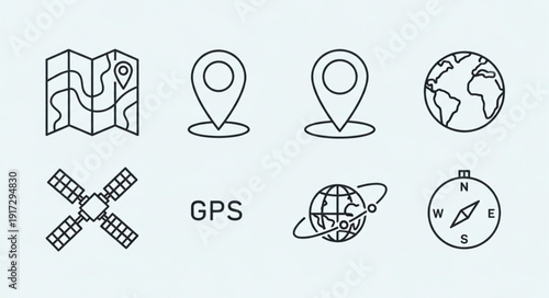Set of navigation and location icons including map and GPS.