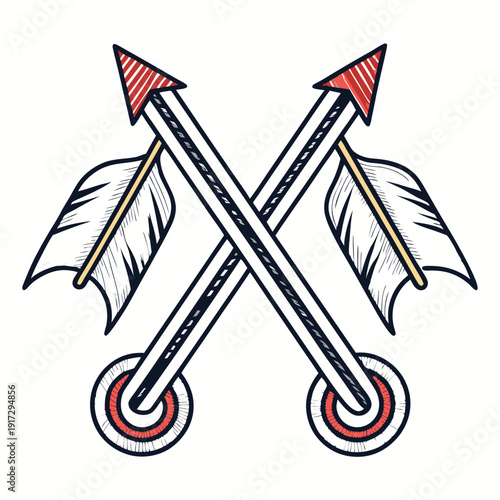 Two crossed arrows with red tips and white feathers