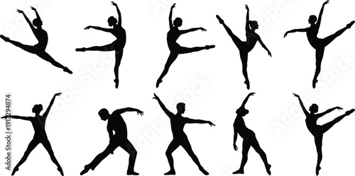 Silhouettes of dancers performing various ballet poses in black against a white background