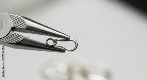 Tweezers Holding Small Metal Ring Closeup.