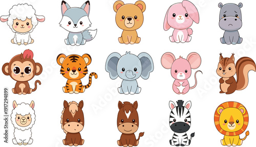 Kawaii baby animal character megaset with tiger lion elephant and alpaca for nursery decor and children's educational branding