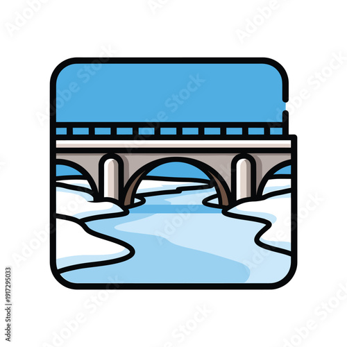 An illustrated bridge over a river with a train passing over it viewed from a distance in a winter landscape scene