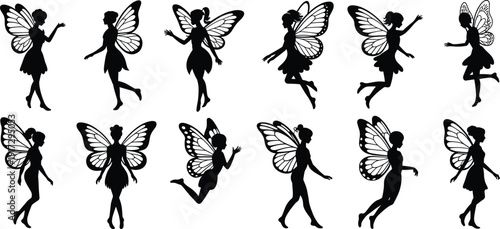 Silhouettes of fairies with wings in various poses against a white background fairy black