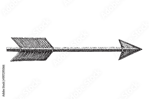 Single vintage arrow with fletching and arrowhead in black and white sketch style, isolated on transparent background vector