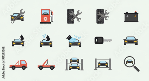 Set of car service and repair icons on a light background.