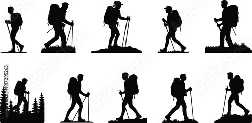Silhouettes of hikers with backpacks and trekking poles in various poses on different terrains walking
