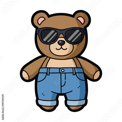 A cartoon bear wearing sunglasses and jeans standing in a relaxed pose, illustrated in a playful style from a frontal viewpoint.
