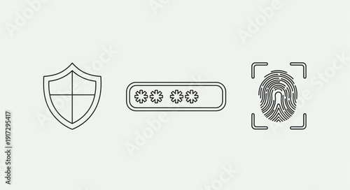 Security icons shield password and fingerprint scan for digital protection.