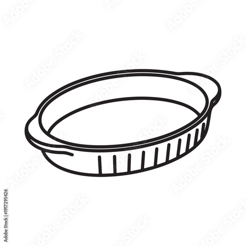 A simple black and white line drawing of an empty oval baking dish with handles