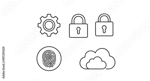 Security Icons Set Including Fingerprint Cloud Lock and Gear.