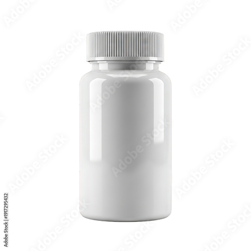 White plastic supplement bottle with silver cap isolated on transparent background