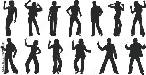 Silhouettes of people dancing in various poses against a white background