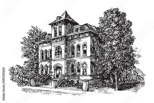 Old school building with trees in engraving style vintage vector illustration on transparent background with no people