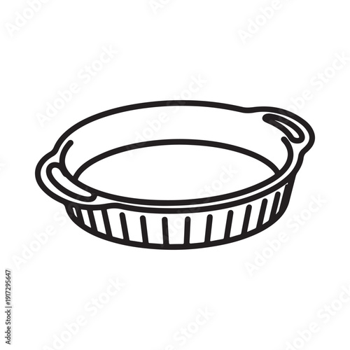 Simple black and white illustration of a round baking dish with handles