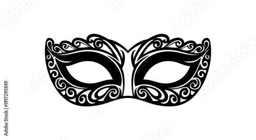 A black and white illustration of an ornate masquerade mask on a white background.