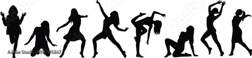 Silhouettes of women performing various dance poses in black and white