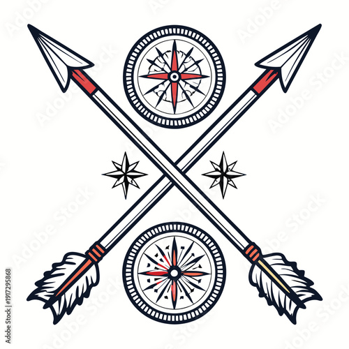 Vintage crossed arrows with compasses and stars