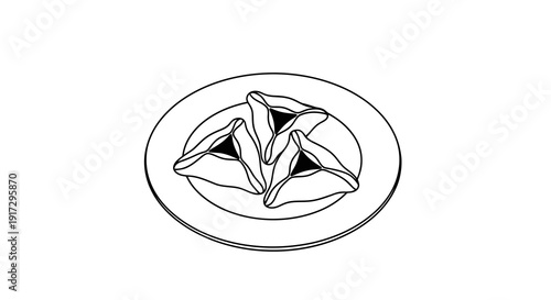 A simple line drawing of a plate with dumplings on it.