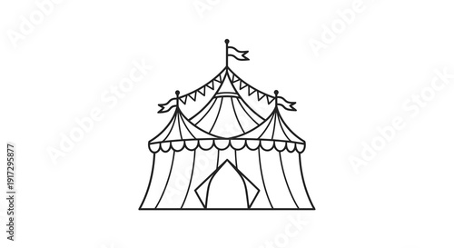 A simple line drawing of a large tent with multiple poles and flags on top.