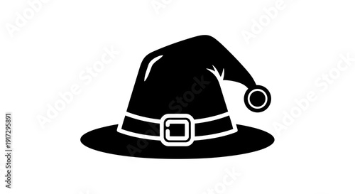 A simple black pilgrim hat with a white buckle and trim on a white background.