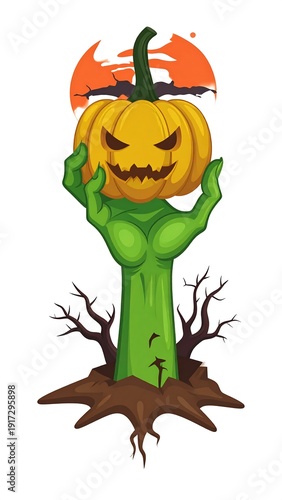 Wallpaper Mural Animated zombie hand rises from the ground, holding a carved pumpkin against an orange, bat-filled sky Torontodigital.ca