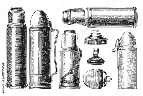 Collection of vintage thermoses and containers illustration transparent vector drawing for travel and outdoor
