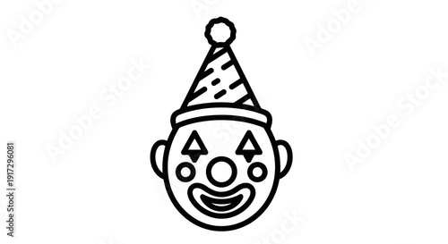 A simple black and white illustration of a clown face wearing a party hat